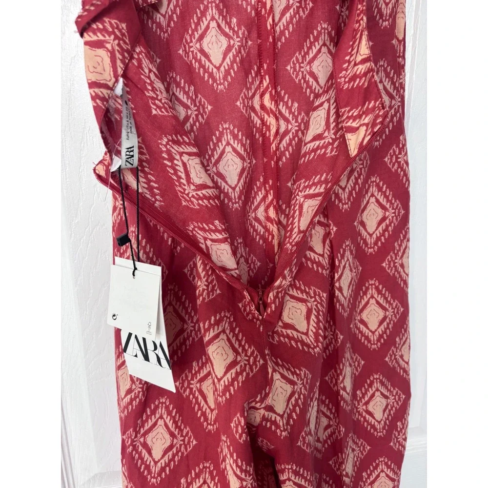 Zara The Jami Jumpsuit V-Neck Open Back Wide Leg Terracotta Print Small‎ NWT